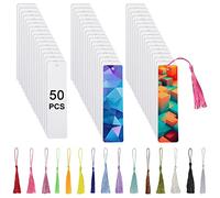 Lot de 50 marque-pages vierges à transfert thermique en aluminium avec trou et pompons colorés pour travaux manuels, pompons personnalisés