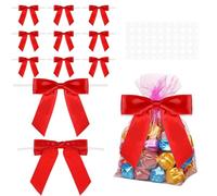 Lot de 50 petits nœuds rouges en satin rouge - Pour cadeau de Noël - Mini nœud pour sac d'école - Pour sapin de Noël - Avec 50 pastilles adhésives pour emballage cadeau DIY
