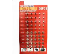 Lot de 50 piles bouton alcalines assorties AG1/LR621 | AG3/LR41 | AG4/LR66 | AG10/LR54 | AG12/LR43 | AG13/LR44 pour montres, jouets, calculatrices, porte-clés