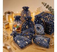 Lot de 50 pochettes cadeau en organza avec cordon de serrage Motif étoile | Sacs à dragées transparents avec imprimé étoiles et lune métallisées pour bijoux, bonbons, cadeaux de fête