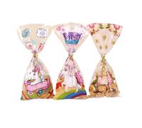 Lot de 50 Sachet Plastique Licorne, 3 Styles Sachet Bonbon avec 60 Liens Torsadés, Sachet Bonbon Noel