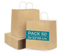 Lot de 50 Sacs en Papier Kraft avec Poignées 34x22x38 cm - Sacs Take Away pour Plats à Emporter, Restauration et Cadeaux de Noël | Espirito Rebelde
