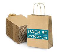 Lot de 50 Sacs en Papier Kraft Marron avec Anses 25x10x32 cm - Sacs Cabas Réutilisables pour Boutique, Shopping, Cadeaux, Mariages et Fêtes | Espirito Rebelde