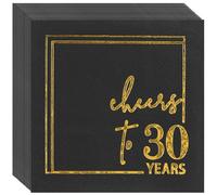 Lot de 50 serviettes de table pour 30e anniversaire, 30 ans, pour femme, noir et doré, 12,7 x 12,7 cm, triple couche, en papier pour homme et femme, décoration de table