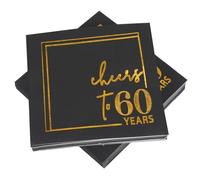 Lot de 50 serviettes en papier décoratives pour anniversaire, 60e anniversaire, 60 ans, hommes, serviettes de cocktail, en papier triple couche, pour fête et jubilé, noires, 12,7 x 12,7 cm