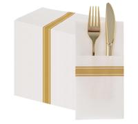 Lot de 50 serviettes jetables au toucher lin avec poche à couverts intégrée, serviettes de fête de mariage PHUNAT blanc et doré, serviettes de fête pré-pliées, 40 x 40 cm