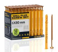 Lot de 50 vis et chevilles murales jaunes, boulons d'ancrage, chevilles robustes (6 mm x 80 mm), fixations pour brique, maçonnerie, plaques de plâtre, support TV, plâtre