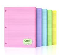 Lot de 500 feuilles de papier coloré ligné à 3 trous pour classeurs à 3 anneaux, idéal pour la maison, l'école, le bureau - 20,3 x 26,7 cm