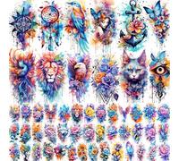 Lot de 52 tatouages temporaires à l'aquarelle pour femmes et adultes - Ensemble de faux tatouages 3D réalistes avec motif floral, papillon, phénix, mandala, imperméable et durable pour fêtes, mariages