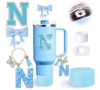 Lot de 6 accessoires de tasse Stanley bleus avec nœud en paille pour tasse Stanley de 887 ml, 1200 ml, avec bouchon de paille et bottes en silicone scintillant, bouchons anti-déversement, breloque de