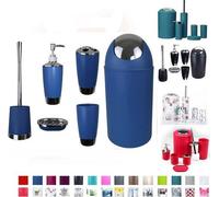 Lot de 6 articles de salle de bain comprenant divers gobelets, un distributeur de savon et des brosses pour les toilettes (bleu foncé)