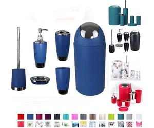 Lot de 6 articles de salle de bain comprenant divers gobelets, un distributeur de savon et des brosses pour les toilettes (bleu foncé)