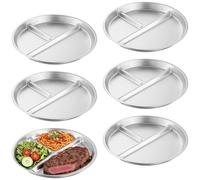 Lot de 6 assiettes rondes en acier inoxydable - 22,2 cm - 3 compartiments | CHIHEUNG Bol en métal divisé en acier inoxydable, passe au lave-vaisselle, empilable, pour pique-nique, barbecue, extérieur