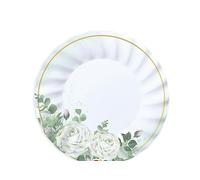 Lot de 6 assiettes rondes en carton avec roses blanches et eucalyptus, 20 cm