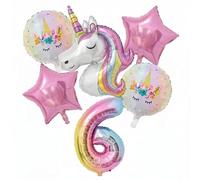 Lot de 6 ballons autoportants en forme de licorne 3D pour fille - Grand chiffre 6 - Étoile - Décoration de fête d'anniversaire - Thème violet rose arc-en-ciel (chiffre 6)