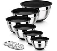 Lot de 6 bols à mélanger en acier inoxydable noir, bols à salade avec 3 râpes intégrées pour mélanger et réduire en purée, couvercle hermétique et fond en silicone, 4,6 l / 2,8 l / 2,5 l / 1,6 l / 1,2