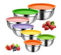 Lot de 6 bols à mélanger imbriqués en acier inoxydable - Métal silicone 4,5 3,6 2,7 2,1 1,7 1,1 0,7 l - Cuve de préparation à salade avec couvercles hermétiques - antidérapant pour le stockage et