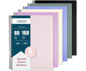 Lot de 6 carnets à spirales A4, quadrillés, 80 feuilles par carnet, couleurs pastel