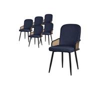 ML-Design Lot de 6 Chaises de Salle à Manger en Tissu Bleu Foncé, Accoudoirs en Rotin et Pieds en Métal Noir, Assise Rembourrée Confortable, Fauteuils Ergonomiques de Cuisine Salon, Style Scandinave
