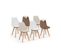 IDMarket – Lot de 6 chaises de salle à manger SARA scandinaves velours patchworks marron et beige