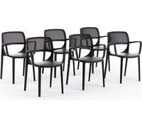 Lot de 6 chaises avec accoudoirs en résine de verre renforcée, design classique, empilables pour jardin, bar, restaurant, cuisine - Erika - Noir