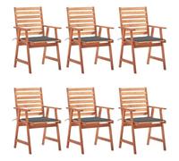 Lot de 6 chaises de jardin avec coussins, bois d'acacia massif, construction à lattes, polyester imprégné, charge maximale de 110 kg par assise.
