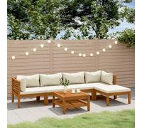 Lot de 6 chaises de jardin en bois d'acacia massif, coussins crème, table basse à lattes, mobilier de jardin modulaire pour terrasse et patio