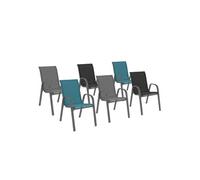Lot de 6 chaises de jardin LYMA métal et textilène empilables gris, noir et bleu