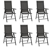 Lot de 6 chaises de jardin pliantes noires, cadre en aluminium revêtu par poudre, dossier 7 positions, tissu textilène respirant, robuste jusqu'à 110 kg par siège.