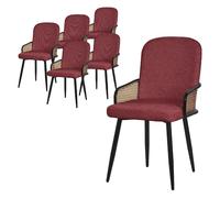Lot 6 chaises de salle à manger ML-Design tissu rouge avec accoudoirs en rotin pieds métal noir