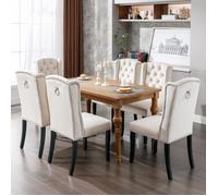 Lot de 6 Chaises de salle à manger en Velours,Chaise Rembourrée avec pieds en chêne,Garniture en Tête de Clou,Beige