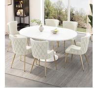 Lot de 6 chaises de salle à manger en velours, fauteuil de salon de luxe avec quatre pieds en métal doré, beige