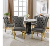 Lot de 6 chaises de salle à manger grises, chaises rembourrées modernes en velours avec anneaux ronds et clous décoratifs, chaises de cuisine élégantes avec pieds en acier inoxydable doré