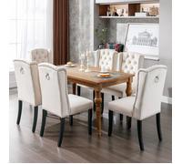 Lot de 6 Chaises de salle manger en Velours,Chaise Rembourre avec pieds en chne,Garniture en Tte de Clou,Beige