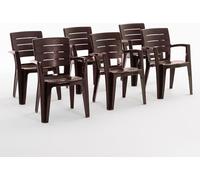 lot de 6 chaises en polypropylène monobloc, empilables avec accoudoirs, résistantes à l'eau, effet bois pour jardin, terrasse, restaurant, bar, faciles à nettoyer - Anita - Moka