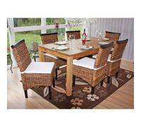 Mendler Chaises M45 – Banane tressée, bois H 93 cm, pieds foncés, coussins multicolores – Lot de 6