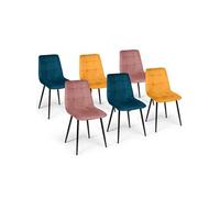 Lot de 6 chaises MILA en velours mix color bleu x2, jaune ocre x2, rose x2