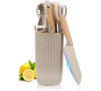 Lot de 6 couteaux de cuisine, acier inoxydable, beige, avec 4 accessoires en silicone