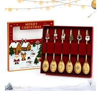 Lot de 6 cuillères dorées de Noël avec boîte cadeau pour calendrier de | Acier inoxydable 10 cm. Cuillères de Noël dorées dans un coffret cadeau comme cadeau de Père Noël et cadeaux de Noël festifs