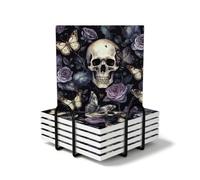 Lot de 6 dessous de verre carrés vintage avec support Motif tête de mort