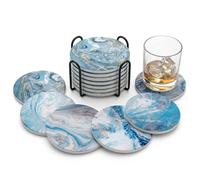 Lot de 6 Dessous de Verre Céramique Bleu Océan, sous-Verres Ronds Marbrés pour Verre, Mug, Café et Thé, Accessoire Déco pour Table, Cuisine et Salon