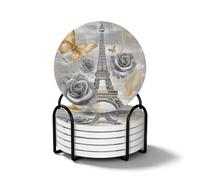 Lot de 6 dessous de verre circulaires gris rose papillon tour de Paris