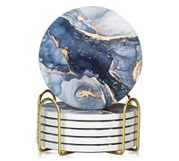 Lot de 6 Dessous de Verre en céramique Abstraite Bleu Marine avec Support, Meilleurs Dessous de Verre absorbants Ronds en céramique, Ensemble de sous-Verres décoratifs pour Tasse à café, Boissons,