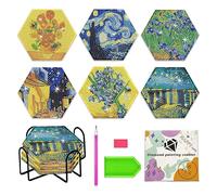 Lot de 6 dessous de verre hexagonaux Van Gogh pour peinture diamant avec support, kit de peinture diamant à faire soi-même pour enfants, adultes, débutants