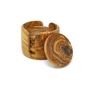 Lot de 6 dessous de verre ronds en bois d'olivier - 8,5 cm - Avec boîte de rangement pour verres, tasses, vases