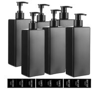 Lot de 6 distributeurs de savon noirs pour la salle de bain – Flacons à pompe rechargeables de 500 ml – Flacons de shampoing rechargeables – Flacons distributeurs carrés en plastique avec étiquettes p