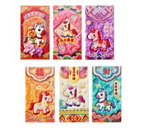 Lot de 6 enveloppes rouges brodées « Year of Horse » - Pour festival - Porte-monnaie - Pour décoration du Nouvel An chinois - Enveloppes porte-bonheur