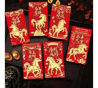 Lot de 6 enveloppes rouges porte-bonheur pour le Nouvel An chinois 2026 pour cheval, printemps, festival, mariage, anniversaire, argent