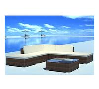 Lot de 6 fauteuils de jardin en rotin marron avec canapé d'angle, 2 canapés centraux, 2 poufs et table basse, 5 coussins d'assise et 4 dossiers modulaires sur cadre en métal