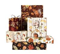 Lot de 6 feuilles d'érable automnales, écureuil, tournesol, renard, hérisson, 50 x 70 cm par feuille, pliées à plat, avec ruban, papier cadeau saisonnier pour Thanksgiving et décoration d'automne